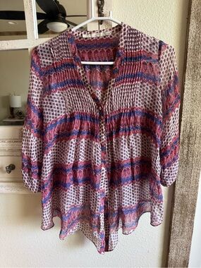 Gibson 100% Silk Boho Paisley Blouse | Small | Pintuck Sheer Top
